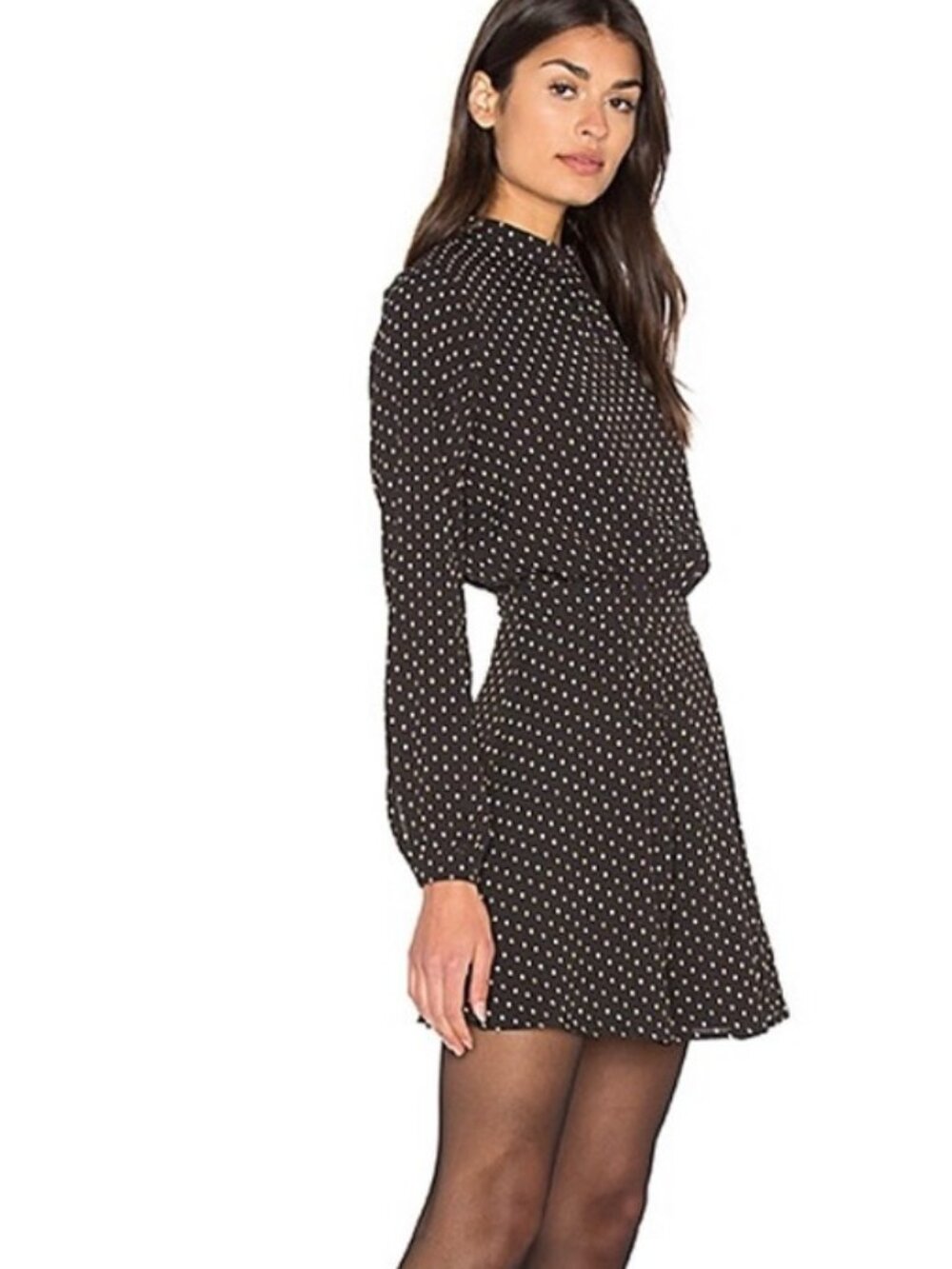 NEW S Revolve Bishop +Young High Neck Flare Short Mini Dress Black Print Sleeve